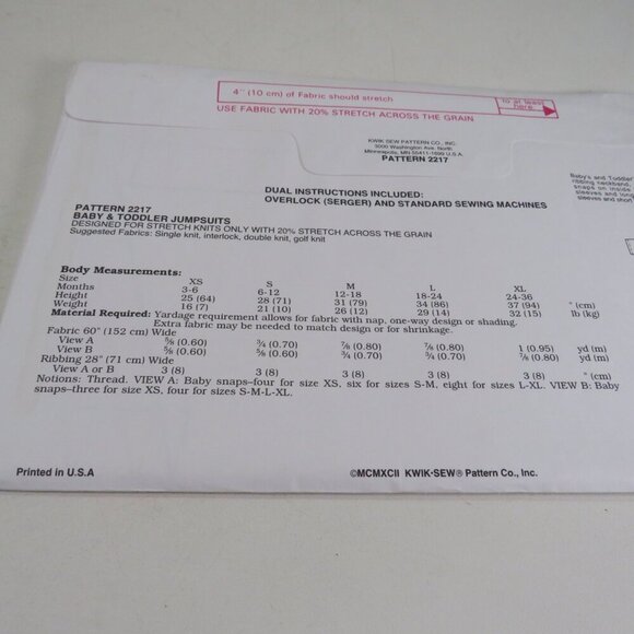 Kwik Sew 2217 clothing pattern (surge) Baby & Toddler Jumpsuit UNCUT - Picture 5 of 6